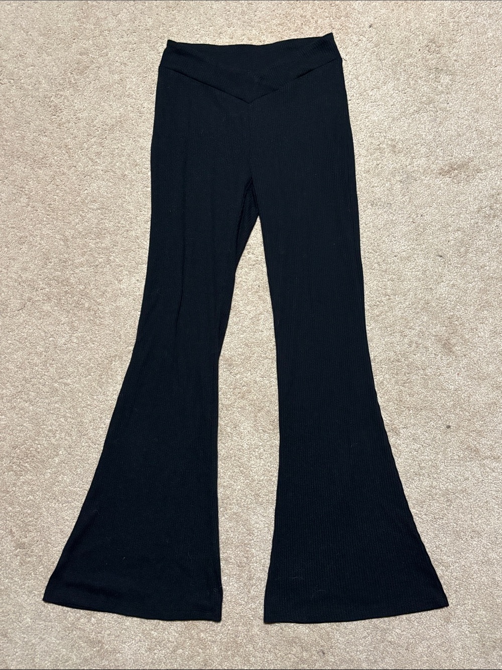 Women's Black Ribbed Crossover Waistband Flare Leggings